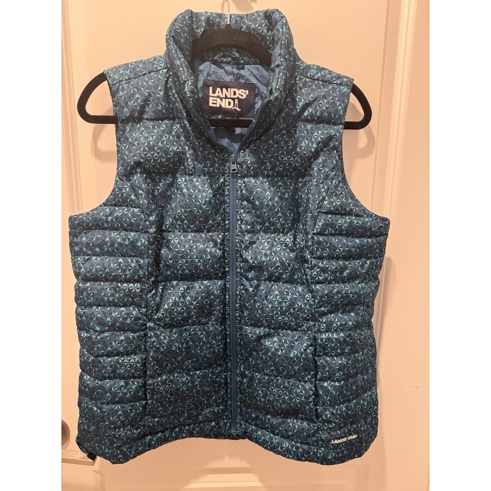 Lands End NWOT Vest Women's Blue Geometric 600 Down Quilted Puffer Sz M